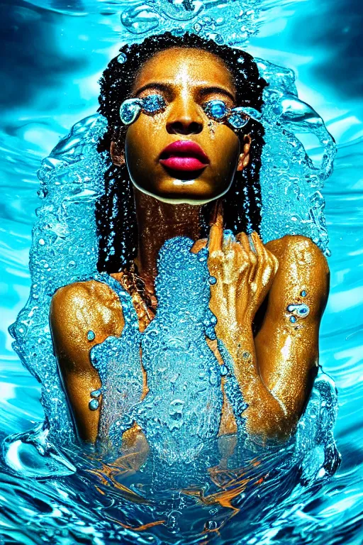 Prompt: hyperrealistic photorealist cinematic super expressive! oshun goddess immersed in water!, mirror dripping droplet, gold ornate jewely, highly detailed face, digital art masterpiece, smooth eric zener cam de leon, dramatic pearlescent turquoise light on one side, low angle uhd 8 k, shallow depth of field