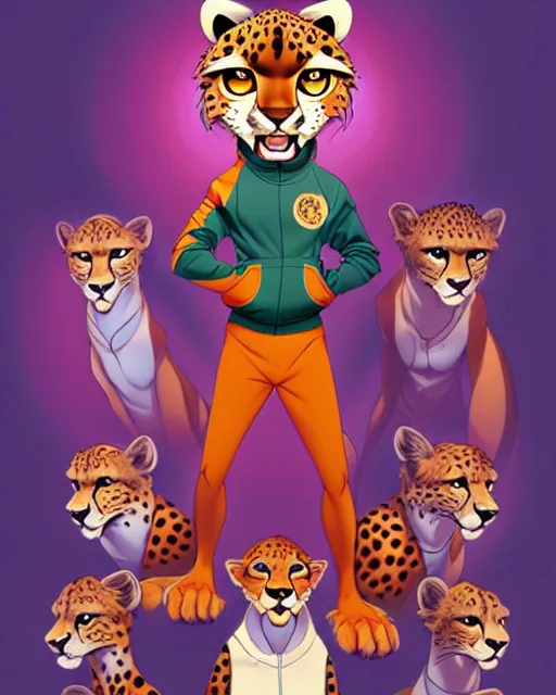 Image similar to don bluth, loish, artgerm, joshua middleton, anthropomorphic cheetah, wearing a track suit, smiling, symmetrical eyes symmetrical face, colorful animation forest background