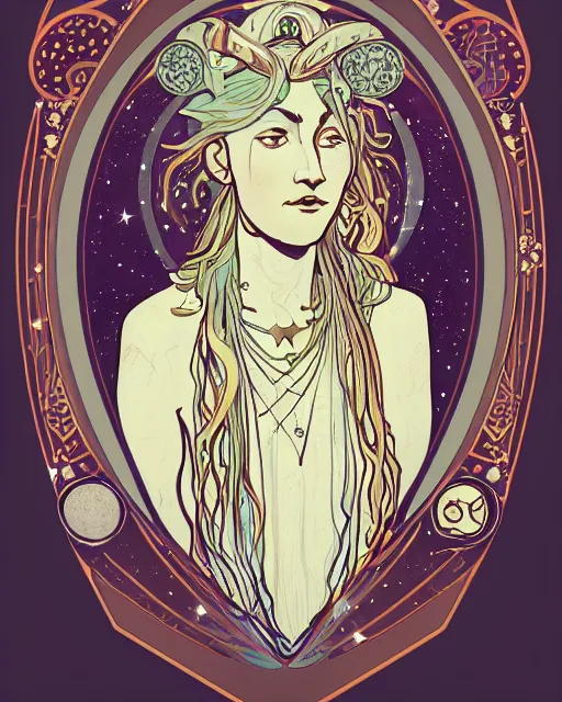 Prompt: a portrait of a galaxy as an androgynous druid spirit wearing a necklace of moons and stars, draped in transparent cloth, flat colors, occult, minimal, swirly, bust by alphonse mucha, decorative art deco border, astrophotography, vast cosmos, digital illustration, trending on artstation