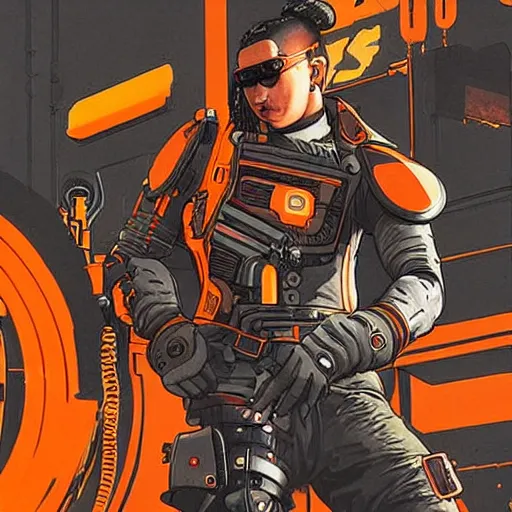 Image similar to mechanic wearing cyberpunk 2 0 7 7 industrial mechanical arms. orange and black color scheme. concept art by james gurney and mœbius. ( apex legends )