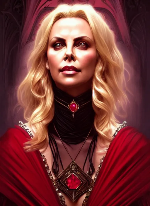 Prompt: portrait of charlize theron as a vampire lord, jewelry, greek, ruby, intricate, headshot, highly detailed, digital painting, artstation, concept art, sharp focus, cinematic lighting, illustration, art by artgerm and greg rutkowski, alphonse mucha, cgsociety