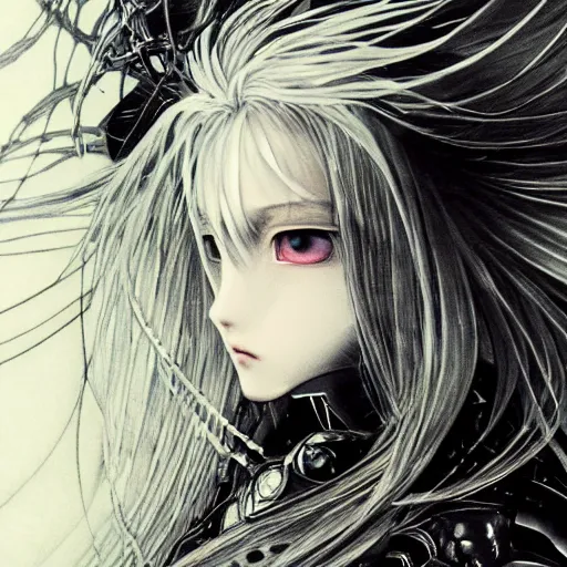 Image similar to Yoshitaka Amano blurred and dreamy illustration of an anime girl with wavy white hair and cracks on her face wearing Elden ring armour with the cape fluttering in the wind, abstract black and white patterns on the background, noisy film grain effect, highly detailed, Renaissance oil painting, weird portrait angle