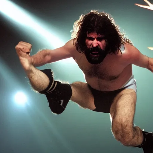Prompt: Mick Foley doing an elbow drop onto Satan, off of a steel cage set in hell, realistic, 4k