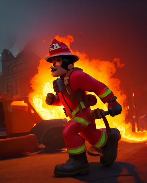 Prompt: heroic firefighter, screenshot in a typical disney infinity 3 style, artstation, hyper pixar, art gta 5 cover, behance hd artstation by josh black, volumetric lighting, subsurface scattering, octane render, trending artstation, fire flames in background