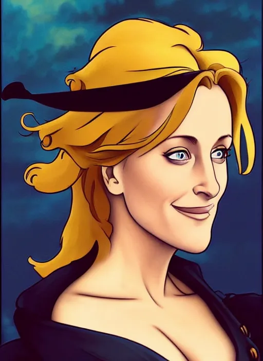 Image similar to cute gillian anderson as a pirate wearing black. parrot on his shoulder, natural lighting, path traced, highly detailed, high quality, digital painting, by don bluth and ross tran and studio ghibli and alphonse mucha, artgerm