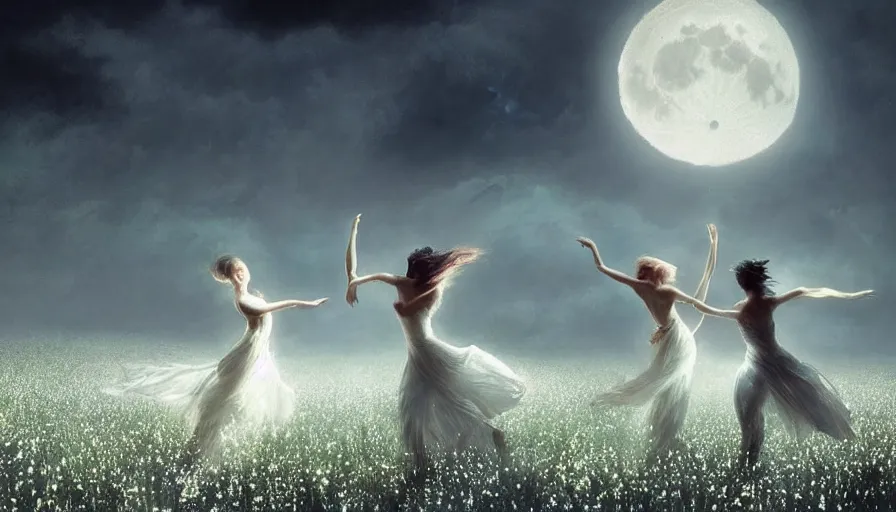 Prompt: dancers in white lit only by the moon, dancing across a flower meadow the twilight dance of the fae by aleksi briclot, greg rutkowski and ivan aivazovsky, contemporary dancers dancing artistic photography movement photorealistic volumetric cinematic light, award - winning, atmospheric fantasy sky