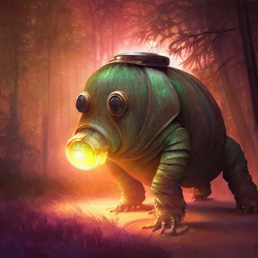 Image similar to ultra realistic illustration of magical tardigrade, forest, fantasy, colorful lights, intricate, elegant, highly detailed, digital painting, artstation, concept art, smooth, sharp focus, illustration, art by artgerm and greg rutkowski and alphonse mucha