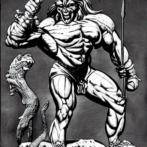 Prompt: muscular martian barbarian, standing on boulder, holding weapon in both hands, science fiction pulp illustration