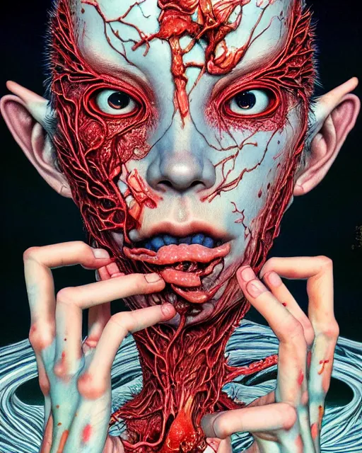 Prompt: realistic detailed image of skin ripping off the body, conjuring psychedelic background, part by takato yamamoto, part by alex gray, ross tran, james jean, ultra realistic, octane render, highly detailed, 8 k, trending on artstation, cosmic, symmetry, masterpiece