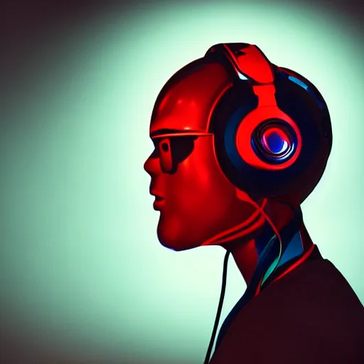 Image similar to a man, in red and blue spotlights, holds on to the headphones on his head, he wears dark visors, cyber songman, cyberpunk style, portrait, official art