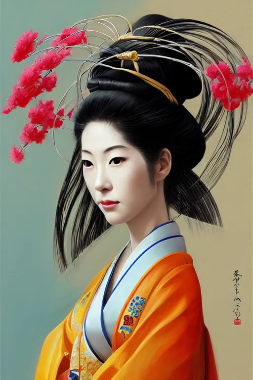 Prompt: a professional painting of a beautiful Japanese Geisha girl, in brightly colored kimono, long dark hair, beautiful bone structure, symmetrical facial features, intricate, elegant, digital painting, concept art, smooth, sharp focus, illustration, from StarCraft by Ruan Jia and Mandy Jurgens and Artgerm and William-Adolphe Bouguerea