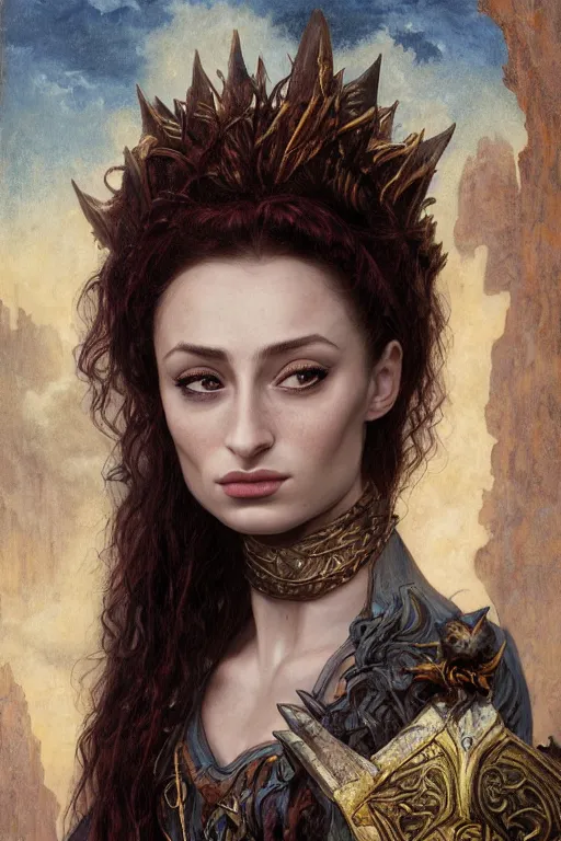 Image similar to A fantasy comic book style portrait painting of, hybrid, Oona Chaplin, Sophie Turner, as an Atlantean, Reptilian Warrior, Mystical Valkyrie, François Boucher, Oil Painting, unreal 5, DAZ, hyperrealistic, octane render, Regal, Refined, Detailed Digital Art, RPG portrait, Michael Cheval, William-Adolphe Bouguereau, Walt Disney (1937), Steampunk, dynamic lighting, Highly Detailed, Cinematic Lighting, Unreal Engine, 8k, HD