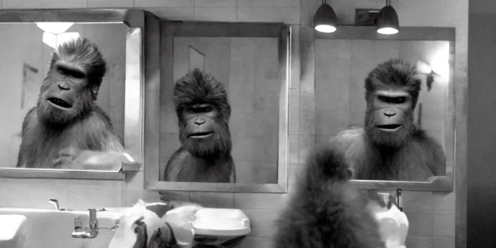 Image similar to ultra wide angle photo of alec baldwin dressed as blake, from glengarry glenn ross, looking at himself in a bathroom mirror and seeing his reflection as a hairy australopithecines like ape version of himself