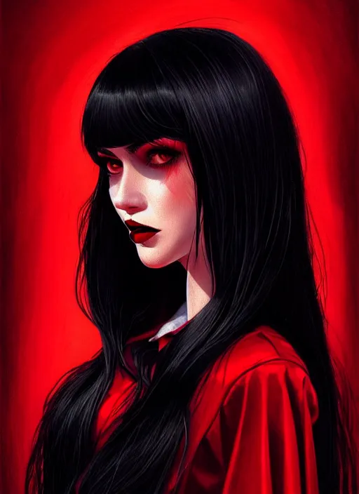 Image similar to portrait of vampire veronica lodge with bangs, vampire fangs, vampire, long hair, red clothes, bangs, vampironica, intricate, elegant, glowing lights, highly detailed, digital painting, artstation, concept art, smooth, sharp focus, illustration, art by wlop, mars ravelo and greg rutkowski