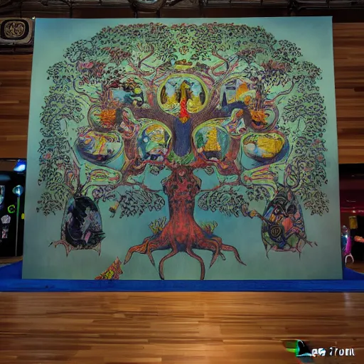 Prompt: tree of life, yggdrasil, arts and crafts, sticker bomb, mixed media, moody lighting, volumetric light, by hieronymus bosch, by katsushika hokusai, by laurie lipton