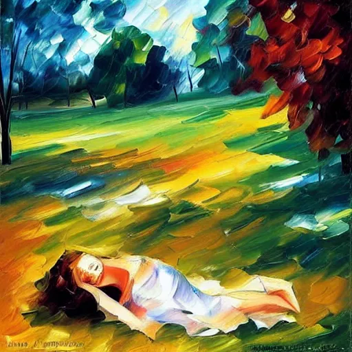 Image similar to “girl lying by a grave, style of Leonid afremov”