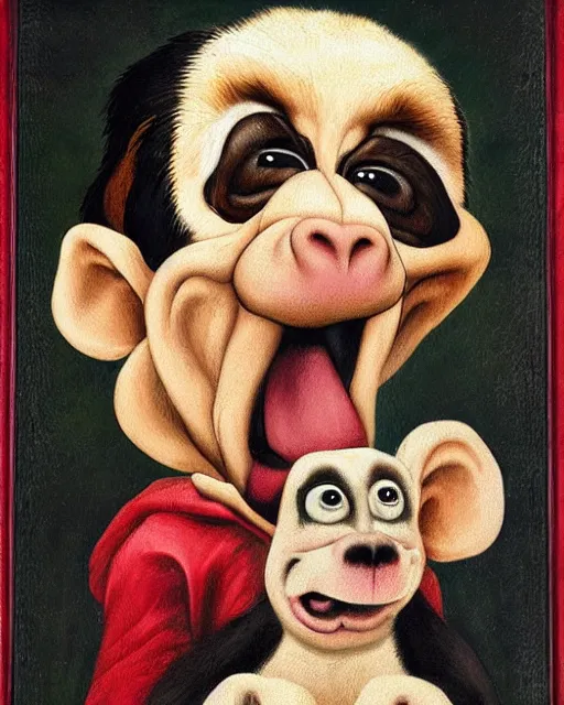 Image similar to goofy monkey and his goofy dog, cross eyed, high detail realistic renaissance portrait painting