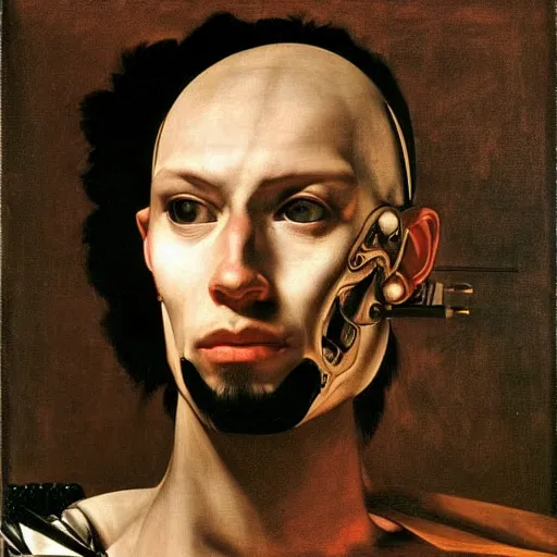 Image similar to a portrait of cyborg king connected to a man-machine interface by Caravaggio, renaissance style