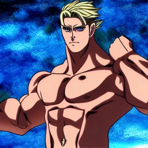 Prompt: still of chris hemsworth with a very muscular body type, anime art, anime style