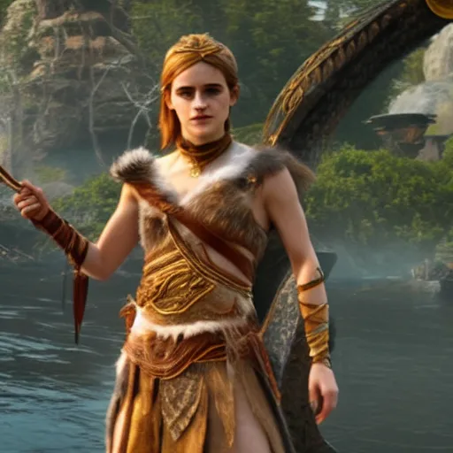 Prompt: Film still of Emma Watson as Freyja, from God of War (2018 video game)