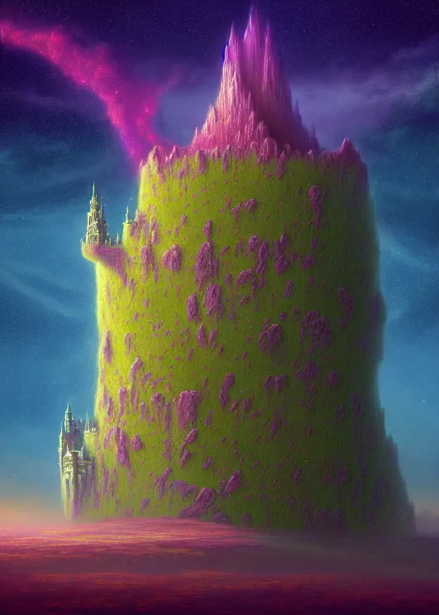 Image similar to an ultra detailed midjourney concept digital art painting of a singular floating island with a castle, flying citadel levitating across space in a misty pearlescent nebula by paul lehr kazumasa uchio situated in a starry expanse of bioluminescent cosmic worlds by beksinski and beeple, ecological art, flying citadel with towers, trending on artstation