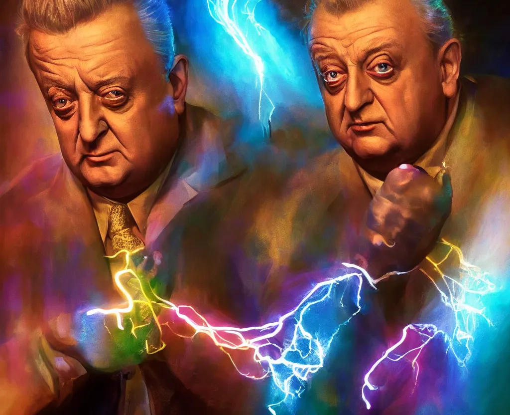 Prompt: dramatic portrait of Rodney Dangerfield, bloomed lighting, angelic, futuristic, beautiful colors, slightly golden, very sharp likeness, very detailed, chopping hands, electrical details, cinematic lighting high details, 4k, 8k, trending on artstation, ultra-realism