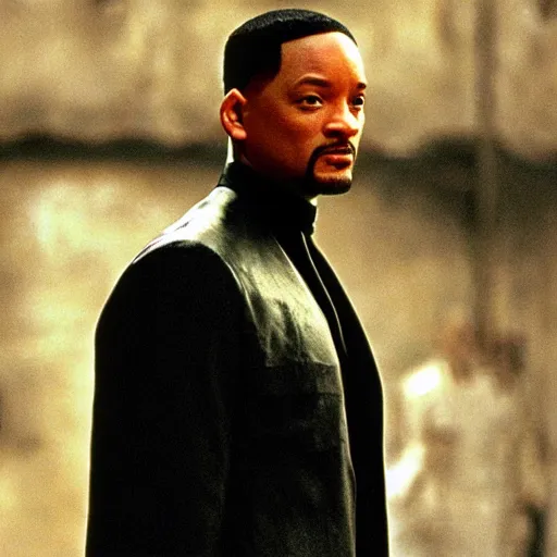 Image similar to Will Smith as Neo In The Matrix, film still, grainy, hd