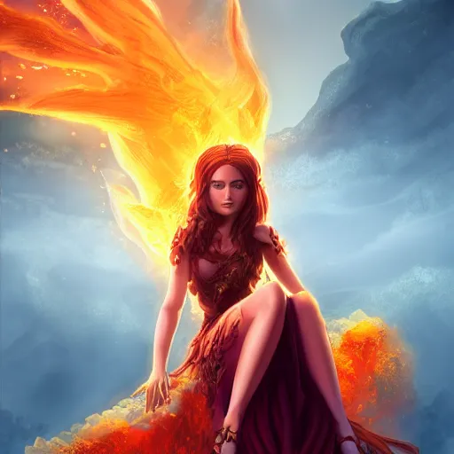 Prompt: a young adult fire magic princess, sitting on a throne of magma, radiating an aura of amber light, fantasy digital art 4k