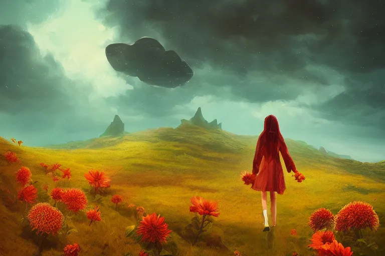 Image similar to giant dahlia flower as a head, girl walking on mountain, surreal photography, stars, dramatic light, impressionist painting, storm clouds, digital painting, artstation, simon stalenhag