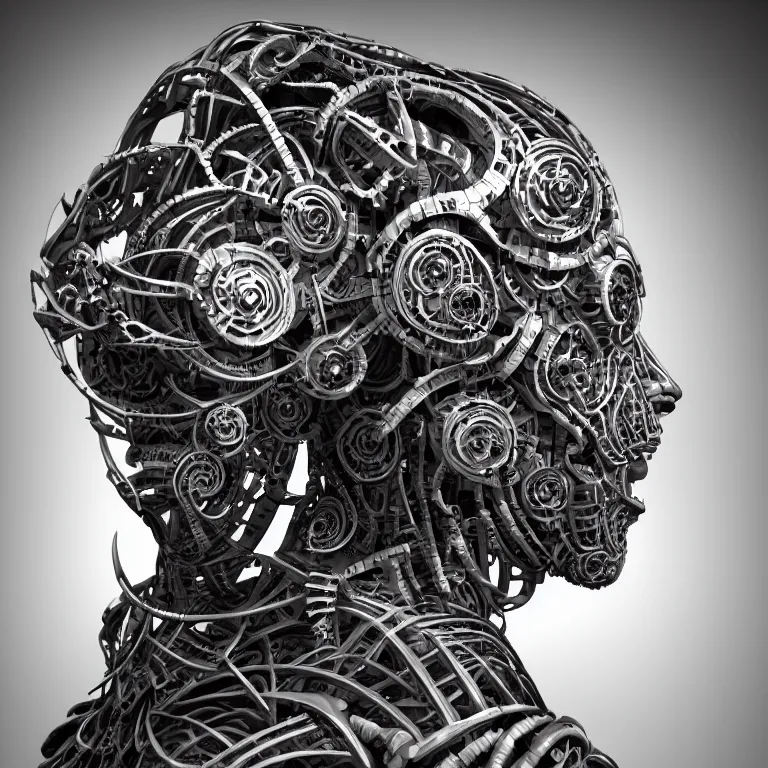 Image similar to surreal biomechanical spinal ribbed tribal exotic organic man face portrait of mechanical cyborg, beautiful detailed intricate insanely detailed BW 3D render digital art, octane render, 8K artistic photography, photorealistic