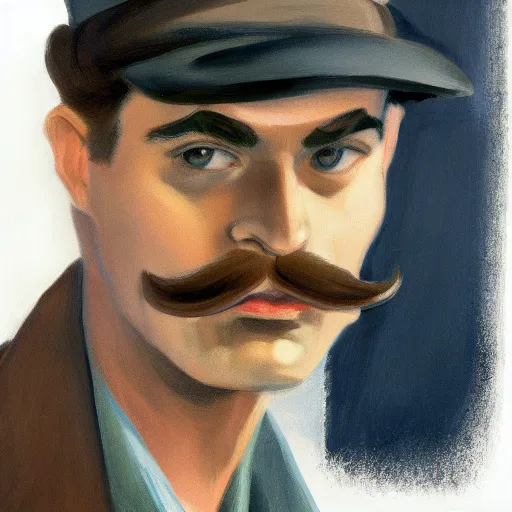 Image similar to a brown haired man with a short mustache staring deeply at camera, detailed, edward hopper, trending on artstation,