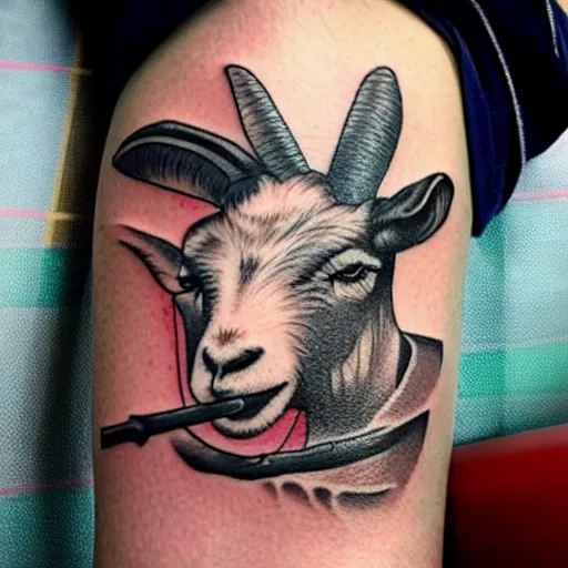 Image similar to a tattoo of a goat with a stick of dynamite in its mouth