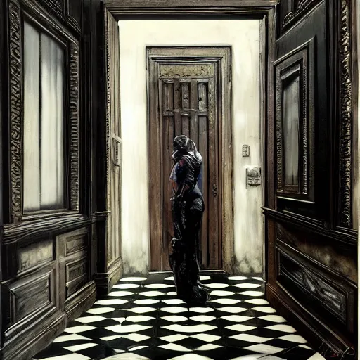 Prompt: diego dayer, hyperrealistic surrealism, award winning masterpiece with incredible details, a surreal vaporwave painting of door leading to nowhere, mirrors everywhere, highly detailed, black and white checkered floor