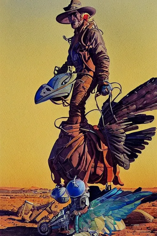 Image similar to cowboy sitting on giant emu bird with backpack, scifi, art by jean giraud, moebius, juan gimenez, greg manchess, in watercolor gouache detailed paintings, in style of syd mead, colorful comics style, artstation