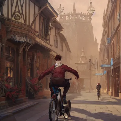 Prompt: man with receding hairline biking through beverley town centre, intricate, elegant, highly detailed, digital painting, artstation, concept art, matte, illustration, hearthstone, art by artgerm and greg rutkowski and alphonse mucha, simon stalenhag, hyperreal