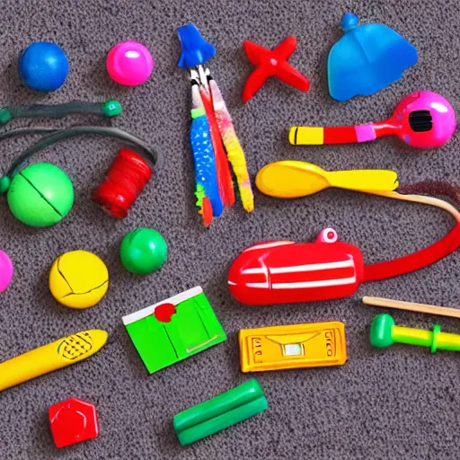 Image similar to photograph of various kid toys on the carpet, hyperrealism, photo realistic