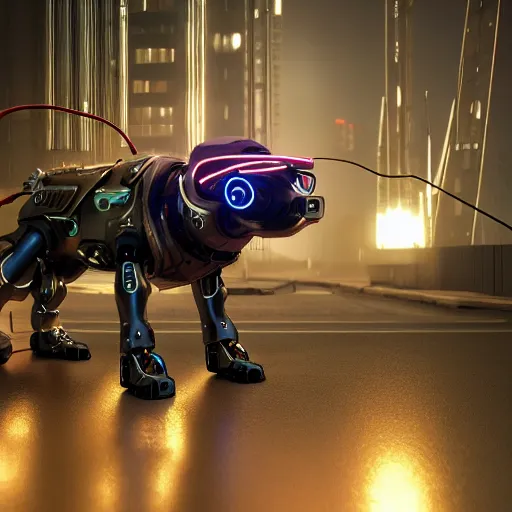 Image similar to cyberpunk dog robot, photorealistic, 8 k, highly detailed, lots of wires, scary, reflections, metal, 8 k