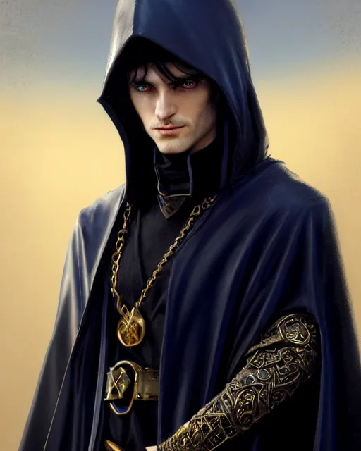 Image similar to handsome mage looking into the distance, long black hair blue eyes wearing leather mantle gothic navy cloak with gold details, cliffside town, fantasy character portrait, hyperrealism, concept art, intricate details, highly detailed by greg rutkowski, ilya kuvshinov, gaston bussiere, craig mullins, simon bisley