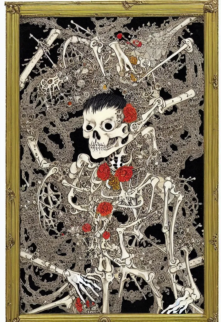 Prompt: prompt: Frame, bouget, old Victorian painting frame made out of skeleton and trinkets drawn by Takato Yamamoto, alchemical objects inspired by 1980's sci-ci, old experimentation cabinet, intricate oil painting detail, manga 1980