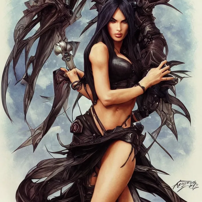 Image similar to megan fox in the style of final fantasy 7 by artgerm, greg rutkowski, alphonse mucha