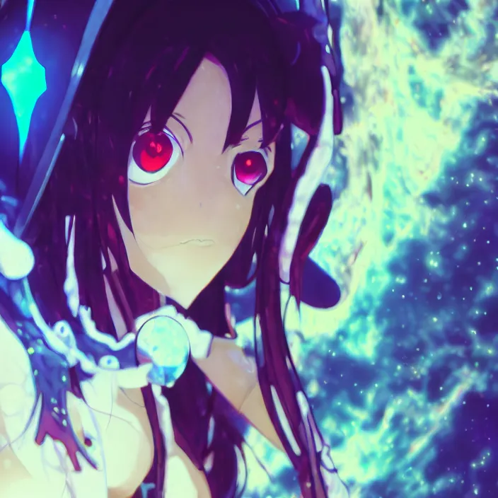 Image similar to close up of Albedo from overlord, close up of mamimi samejima from flcl, psychedelic background, epcot, inside a space station, eye of providence, female anime character, Ruan Jia, giygas