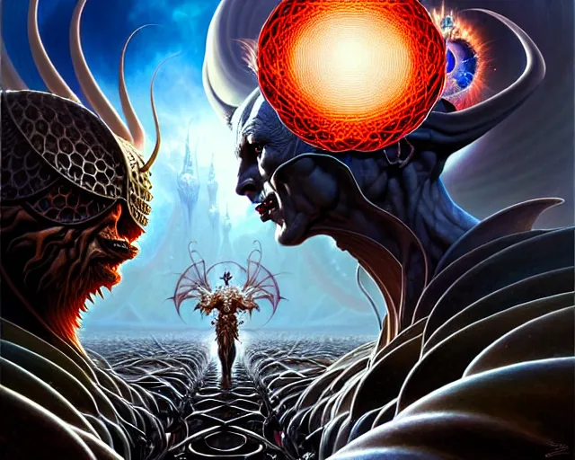 Prompt: the battle between the armies of good and evil, fantasy character portrait made of fractals facing each other, ultra realistic, wide angle, intricate details, the fifth element artifacts, highly detailed by peter mohrbacher, hajime sorayama, wayne barlowe, boris vallejo, aaron horkey, gaston bussiere, craig mullins