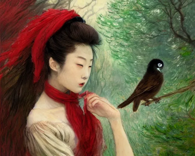 Image similar to a gorgeous prima ballerina japanese art with a red scarf, medium long brown hair, green eyes, is looking at a bird, ethereal, horror, fantasy art by greg rutkowski and magali villeneuve and claude monet