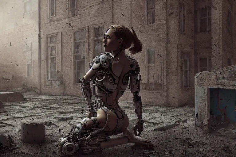 Image similar to Broken cyborg girl on old courtyard with mud and an old playground between two soviet five-storey panel houses, high details, cinematic, 8k resolution, beautiful detailed, insanely intricate details, artstation trending, octane render, unreal engine