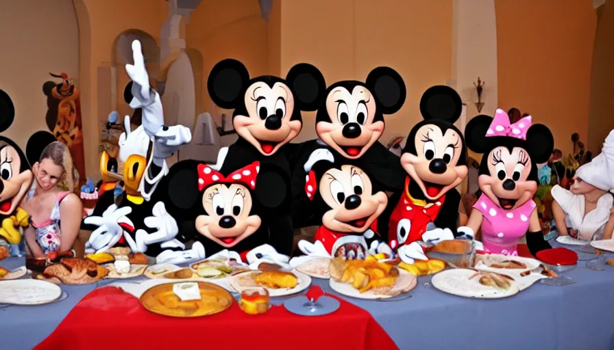 Prompt: disney characters at the last supper, mickey and minnie mouse, donald duck, goofy, pluto