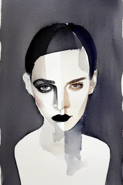 Image similar to beautiful face woman, symmetrical, grey, colorless and silent, watercolor portraits by Luke Rueda Studios and David downton