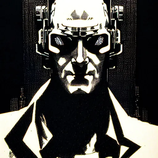 Image similar to cyberpunk portrait, by bernie wrightson, etching, screen print, sharp,