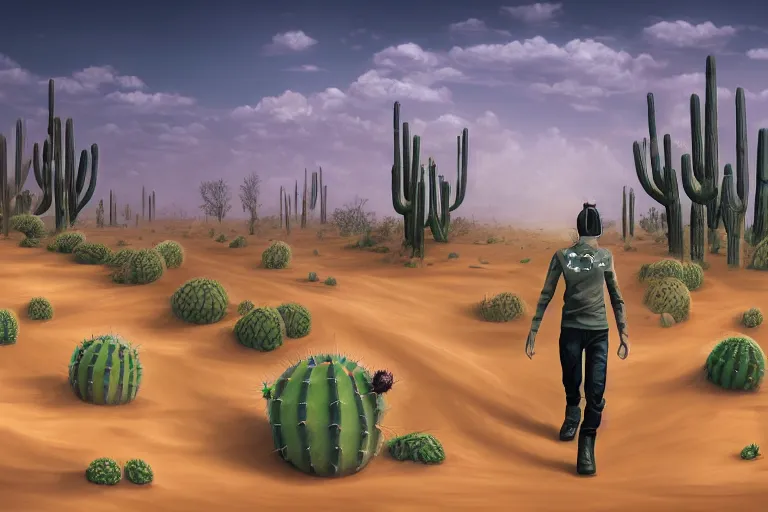 Image similar to a photo of a dystopian desert with loots of Cacti, sandy colours, sandy green, sandy, sandy beige, sobbing sad black silhouette of a person, cantered, by Cyril Rolando, trending on DeviantArt, desolated, dark, 8k resolution, rendered in Zbrush, simplistic