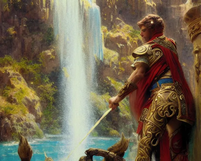 Image similar to attractive male wizard casting time magic, stopping water from a waterfall. highly detailed painting by gaston bussiere, craig mullins, j. c. leyendecker 8 k