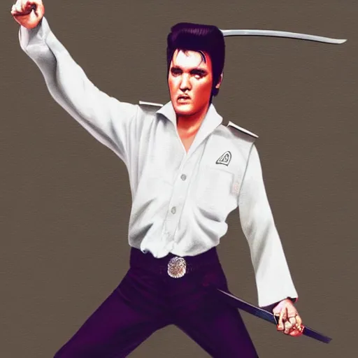 Prompt: elvis presley standing in a fighting stance holding a katana by the hilt with both hands ready to strike, realistic, digital painting, detailed,